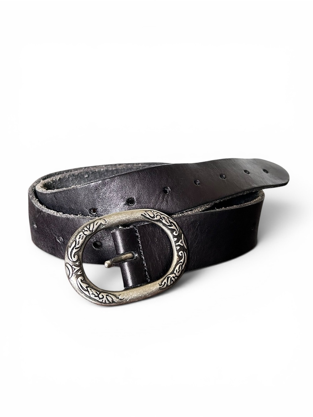 Vintage Lucky Brand Black Leather Belt Silver Oval Buckle 90s Boho Western M/L